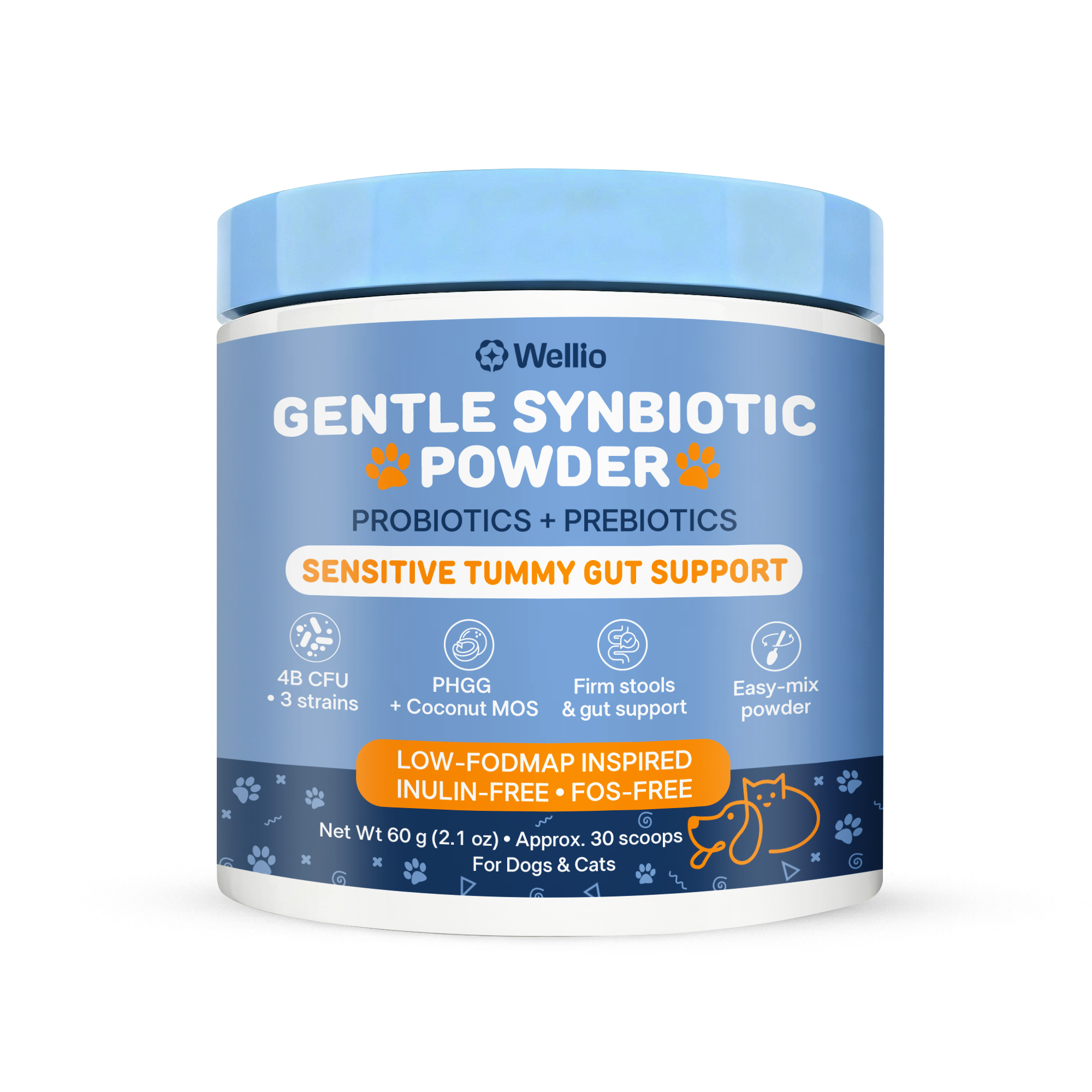 Gentle Synbiotic Powder for Dogs & Cats - 4B CFU Probiotics + PHGG & Coconut MOS - Sensitive Tummy & Firm Stool Support, Low-FODMAP, Inulin-Free, 60 g