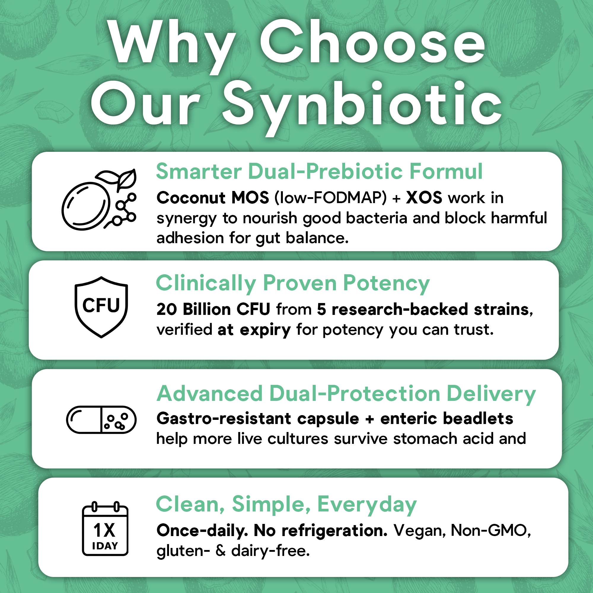 Daily CocoSynbiotic - 20B CFU Probiotics + XOS & Coconut MOS for Gut Health, Regularity & Immune Support, BR03® & LP01®