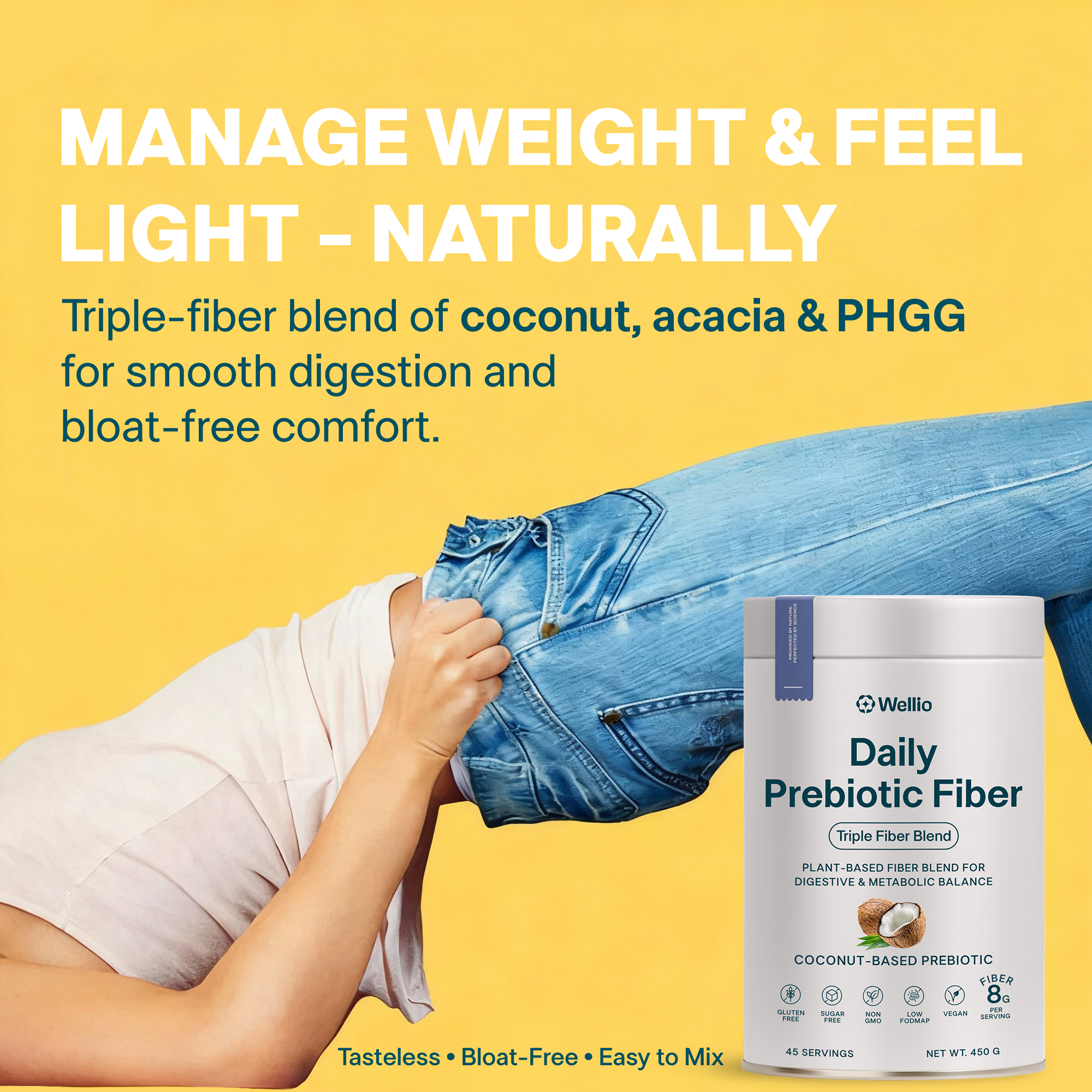 Wellio Daily Prebiotic Fiber Powder - Gentle 3-Fiber Blend for Regularity, Bloat Relief & Gut Balance - PHGG, Coconut MOS &  Acacia