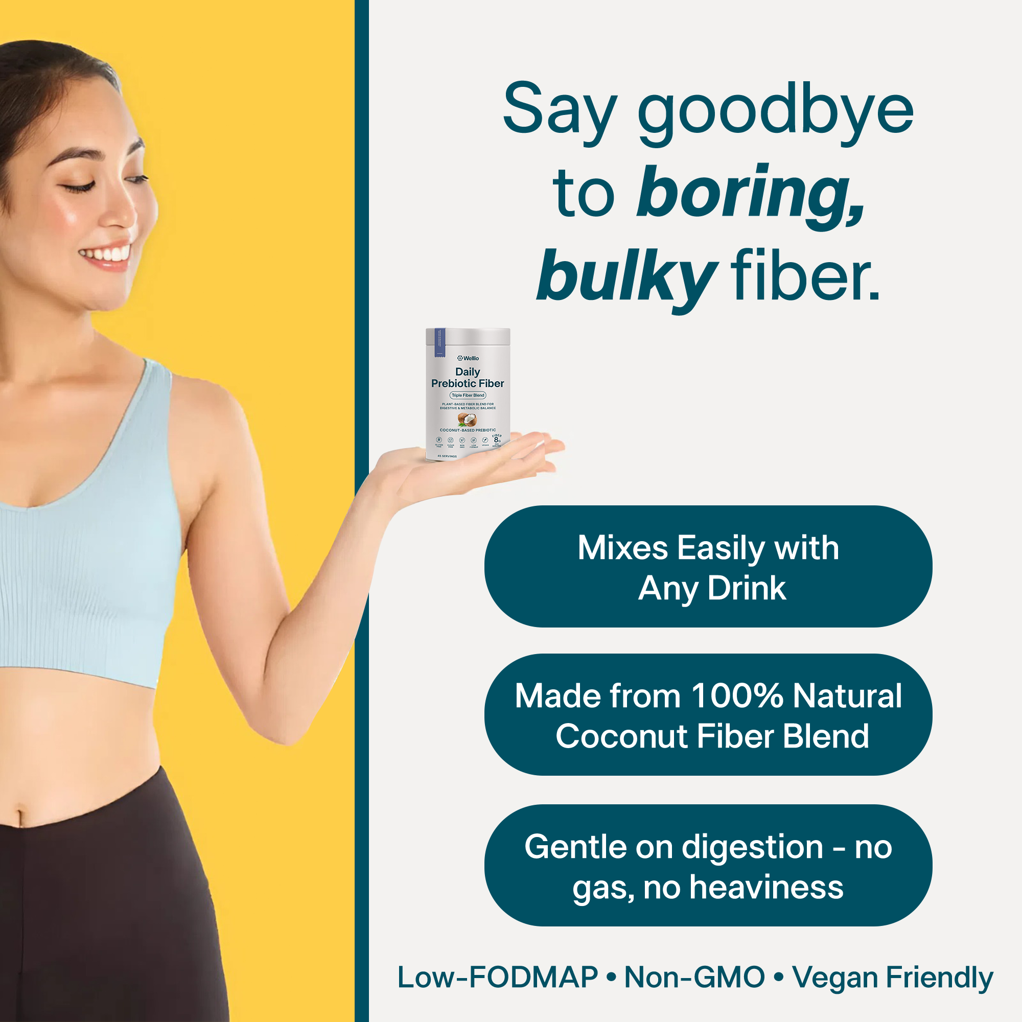 Wellio Daily Prebiotic Fiber Powder - Gentle 3-Fiber Blend for Regularity, Bloat Relief & Gut Balance - PHGG, Coconut MOS &  Acacia