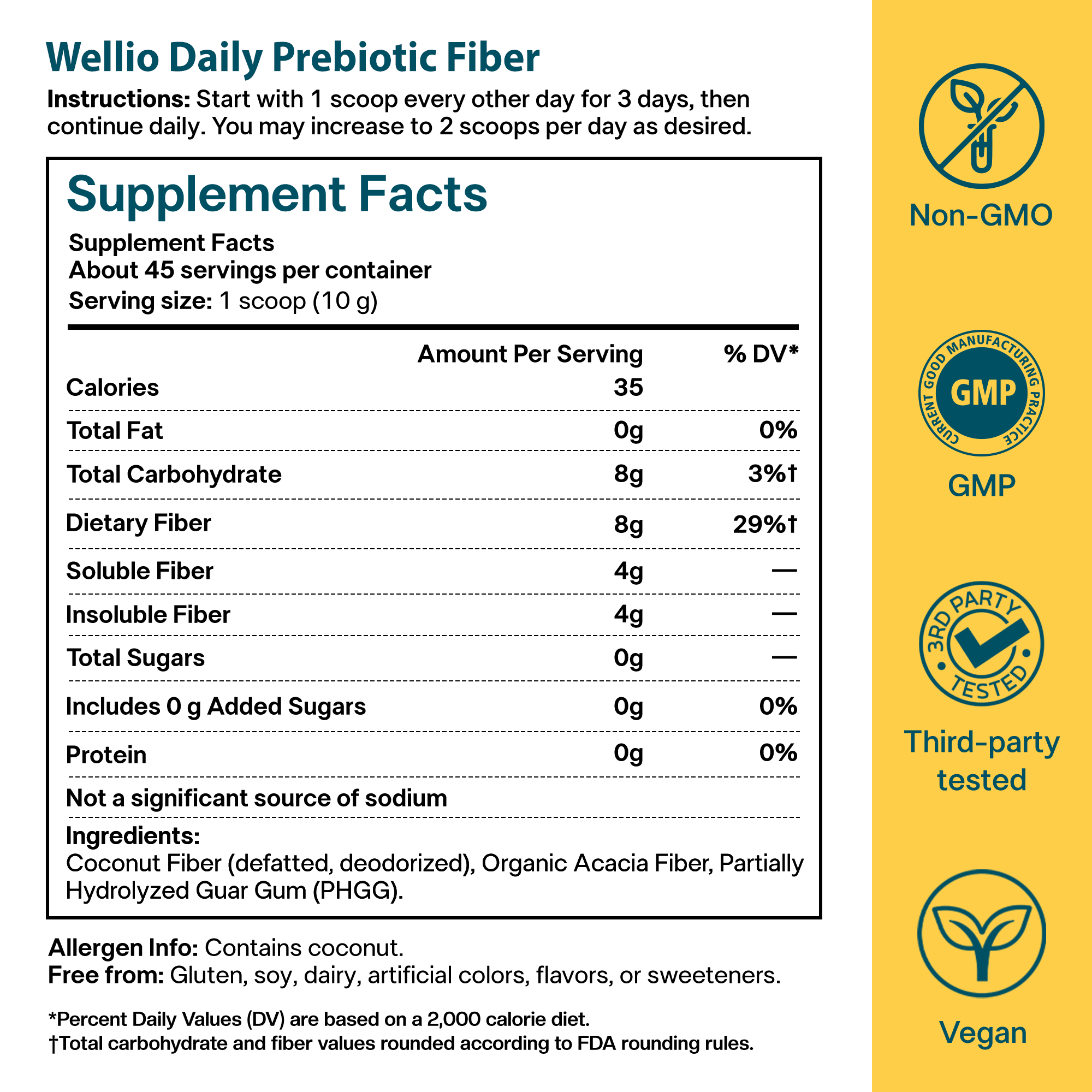 Wellio Daily Prebiotic Fiber Powder - Gentle 3-Fiber Blend for Regularity, Bloat Relief & Gut Balance - PHGG, Coconut MOS &  Acacia