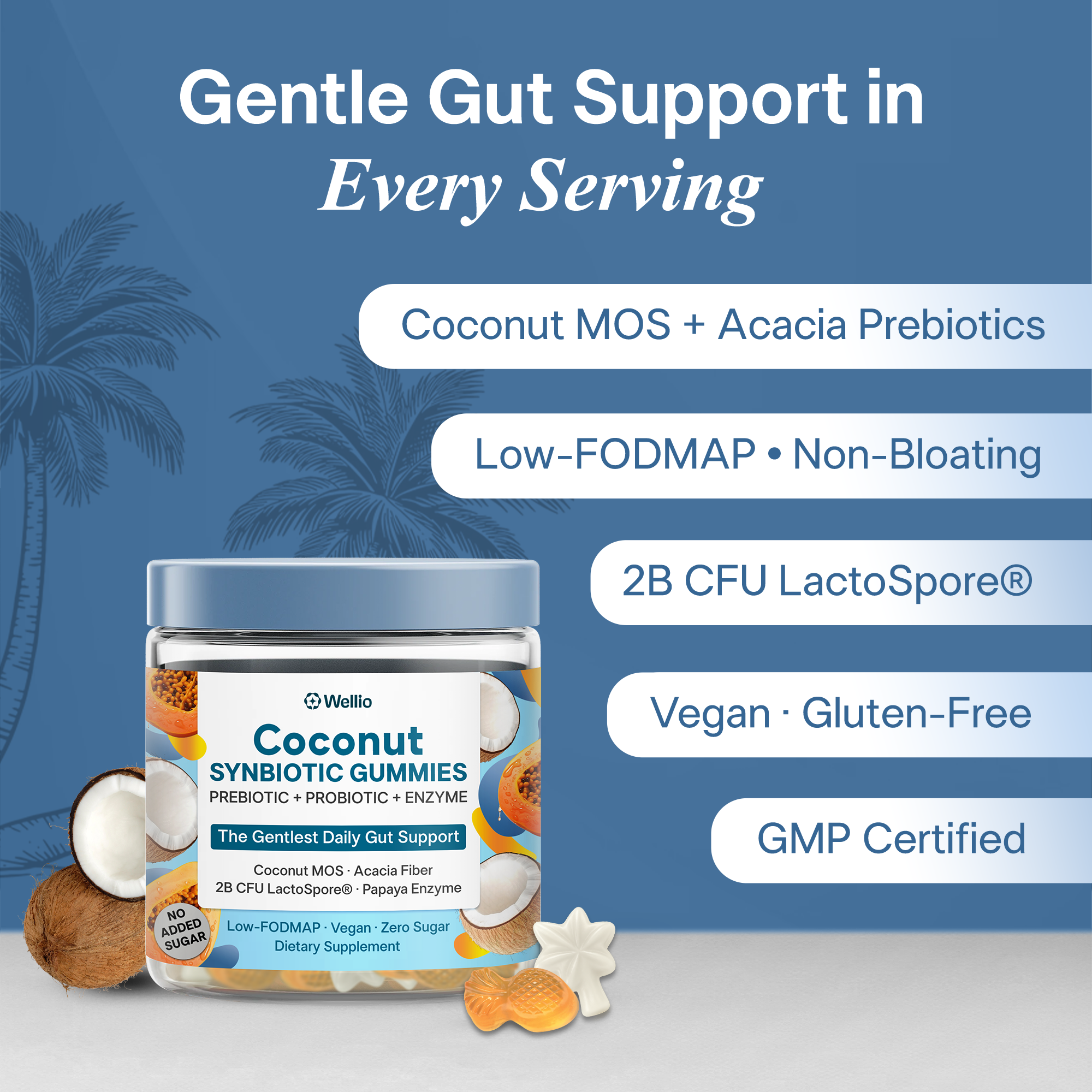 Daily 3-in-1 Synbiotic Gut Gummies - Prebiotic, Probiotic & Enzymes for Bloat Relief, Regularity & Gut Balance -  2B CFU LactoSpore®, Coconut MOS & Acacia Fiber