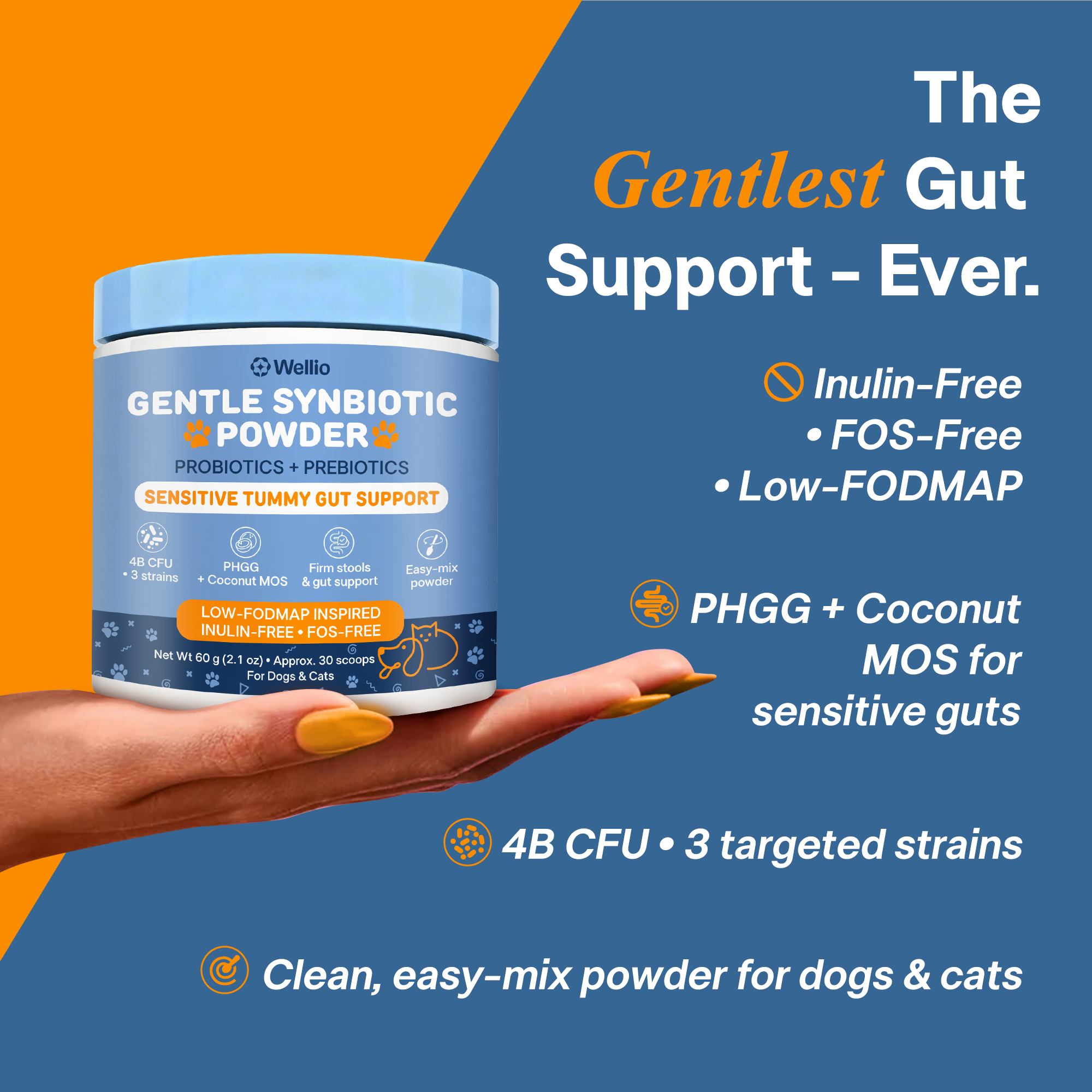 Gentle Synbiotic Powder for Dogs & Cats - 4B CFU Probiotics + PHGG & Coconut MOS - Sensitive Tummy & Firm Stool Support, Low-FODMAP, Inulin-Free, 60 g