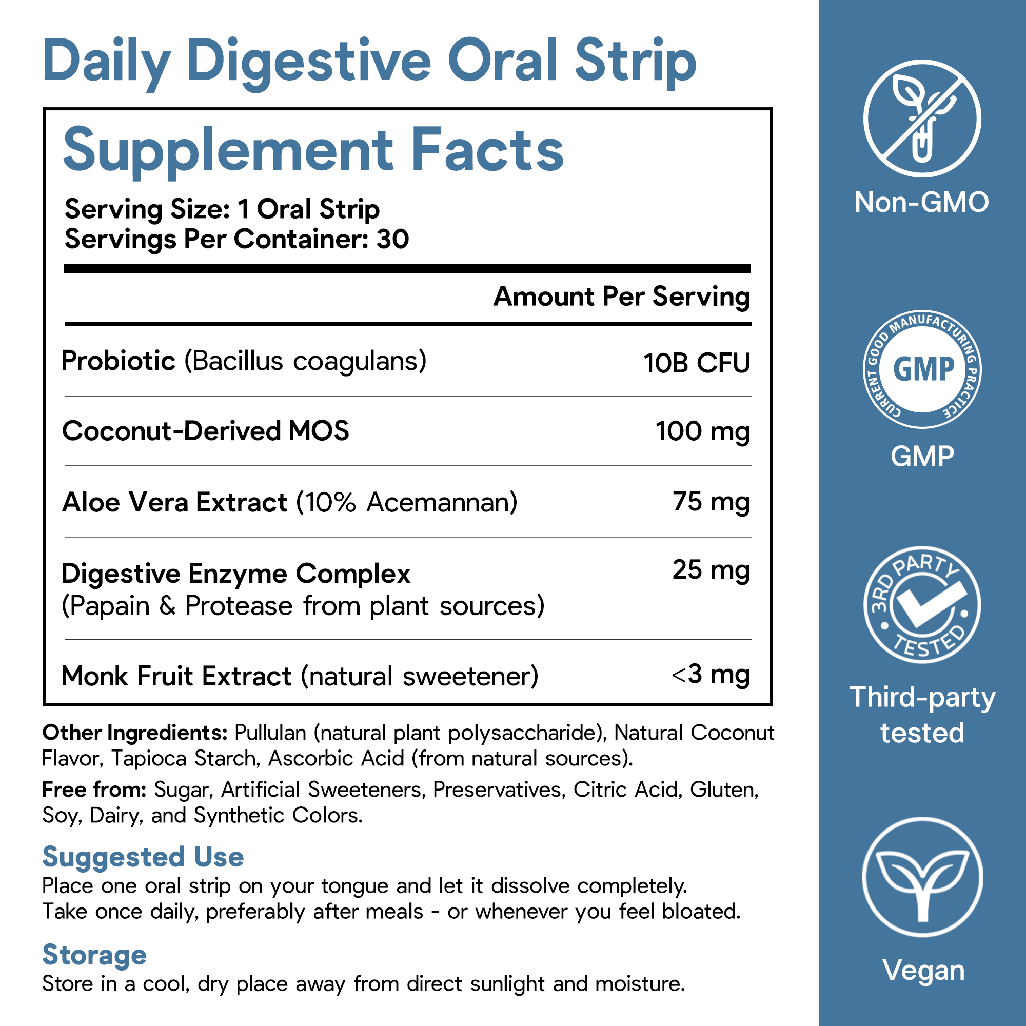 Daily Digestive Oral Strip - 10B Probiotic + Coconut MOS & Enzymes for On-the-Go Bloat Relief